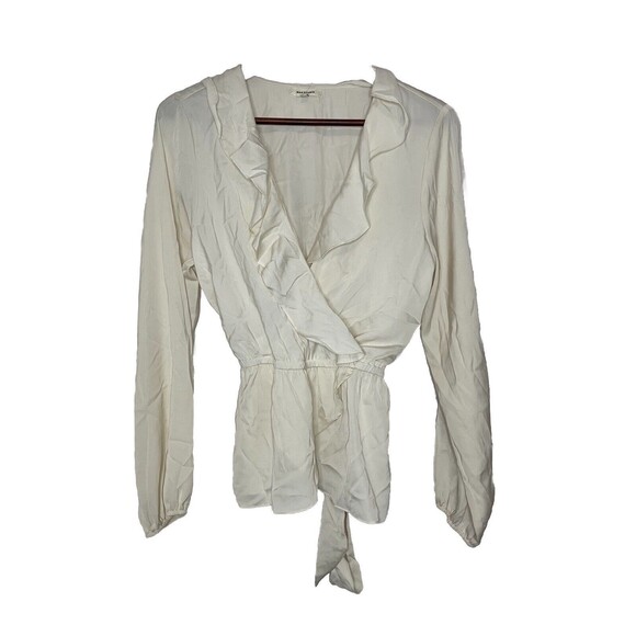 Max Studio Women's Large Long Sleeve Wrap Ruffle Front Top Blouse Off White - Picture 1 of 6
